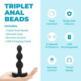 A hand holds the B-Vibe Triplet Beads Vibrating Anal Beads - Black by B-Vibe next to text highlighting 6 speeds, 15 vibration modes, easy insertion, body-safe silicone, USB rechargeability, remote control, discreet case, and travel readiness. White and blue background.